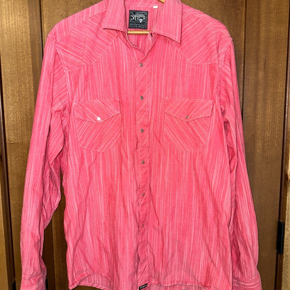 Southern Thread Western Shirt Mens XL Pink Stripe Pearl Snap Cowboy Rodeo - Picture 1 of 4